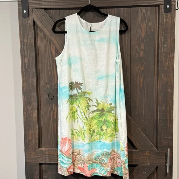 J.Jill Love Linen Beach Palm Tree Tropical Pockets Tank Shift Dress Size‎ Large - Picture 2 of 8